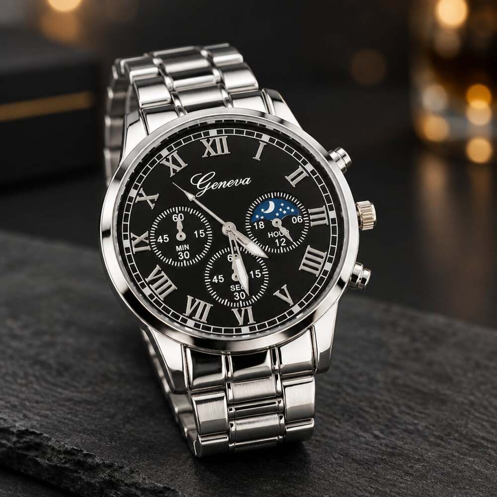 Geneva Roman Numeral Quartz Luxury Timepiece Silver Dial Silver Steel